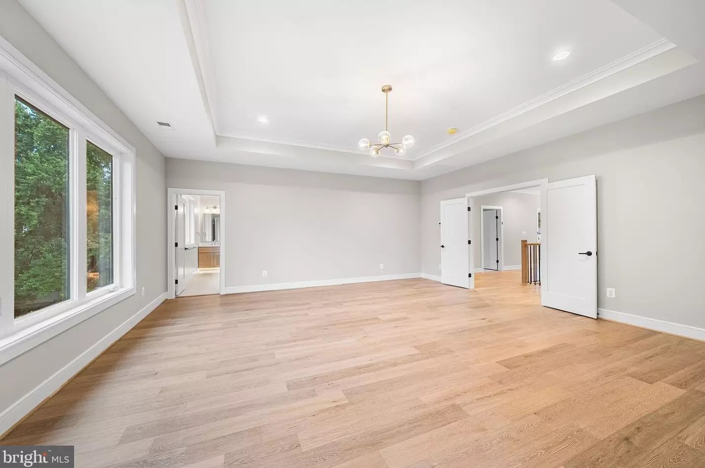 Bedroom with tray ceiling, chandelier and walk-in closet