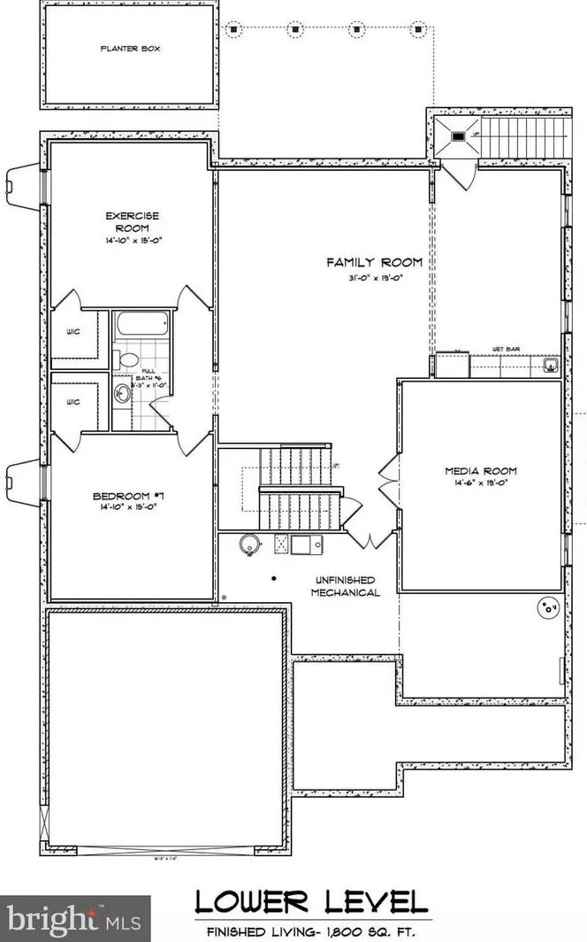 Lower level floor plan showing 1,800 sq. ft. of finished living space
